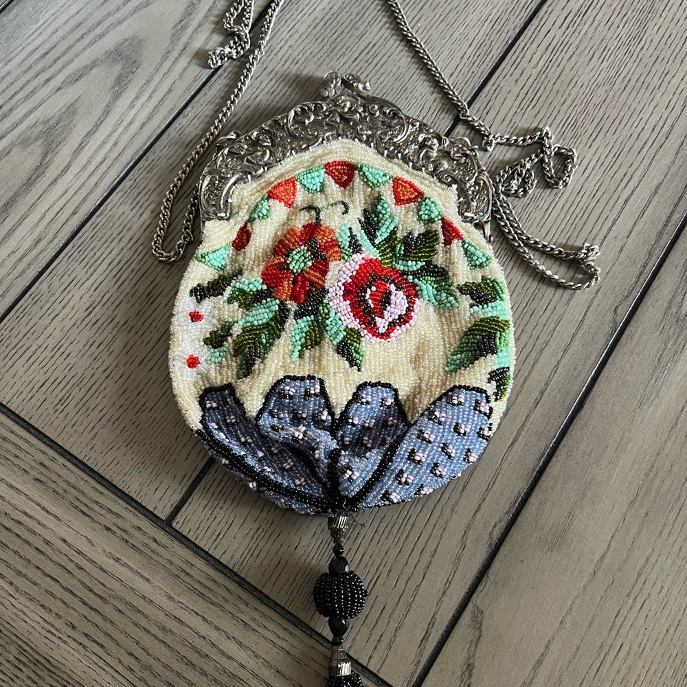 VTG Christiana 100% Silk Hand Beaded Purse Art Deco W/ Mirror & Long Chain - Picture 4 of 10